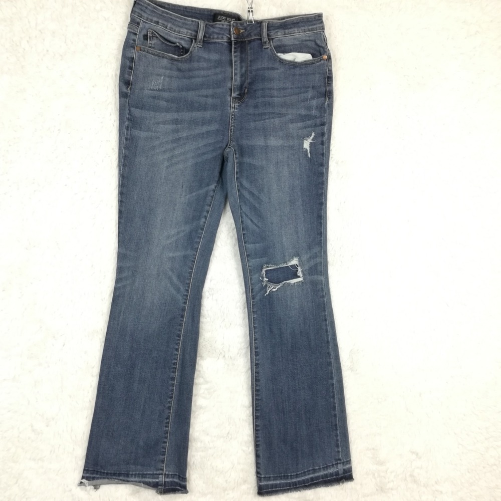 Judy‎ Blue Womens Jeans Boot Cut Blue Denim Patched Whiskering High Rise 13